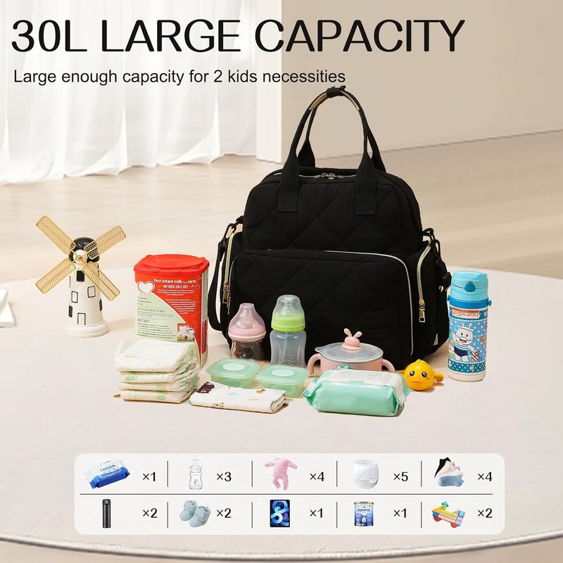 Mozzilog Large Diaper Backpack with Changing Pad, 6 in 1 Travel Diapers Baby Bag for Mom Quilted Mommy Daipering, Hospital Bag for Women Labor Delivery Maternity Tote (Black) - Image 3